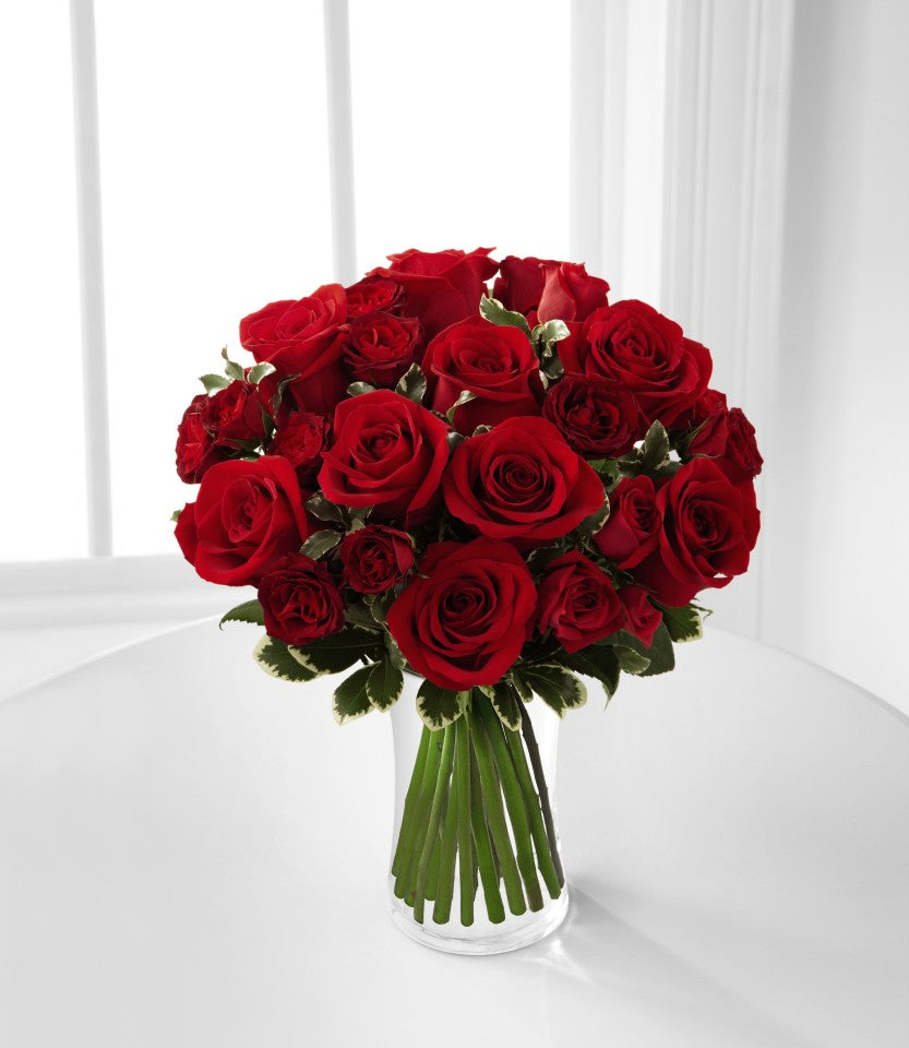 Dozen Roses Sprayed Dozen Red Roses and Red Spray Roses with Greens – Langdon's Inc.