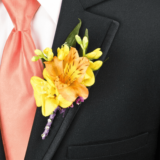 Orange Alstromeria and Yellow Freesia Boutonniere