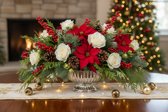 Christmas flower arrangement on a table