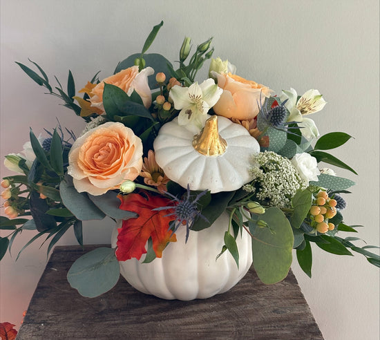 White Festive Pumpkin Flower Arrangement