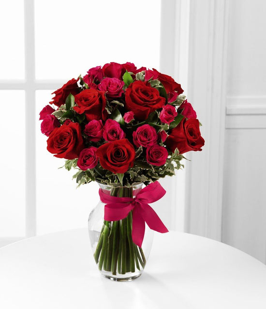 12 Red Roses and Red Spray Roses with Greens