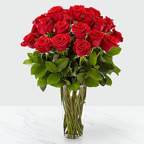 24 Red Roses with Greens in a Tall Vase