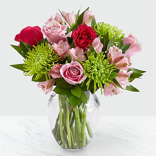 Mixed Pink & Green Flowers in a Vase