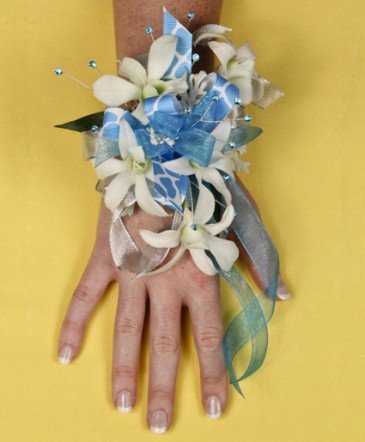 Blue and White Orchid Wrist Corsage